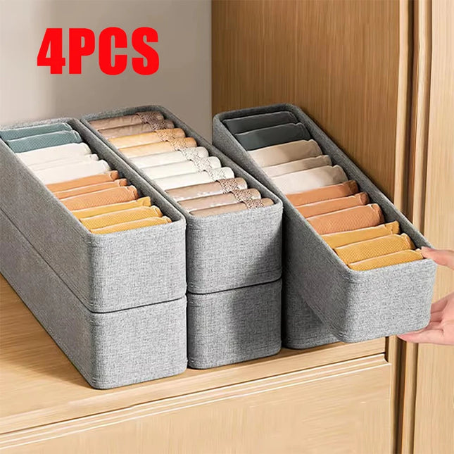 OKEYWOW drawer storage organizer box with compartments for t-shirts, jeans, underwear, and pants in a wardrobe.