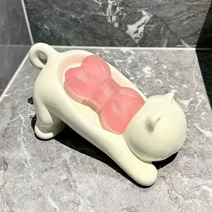 Cute Cat Soap Dish with Drainage Tray Bathroom Soap Holder