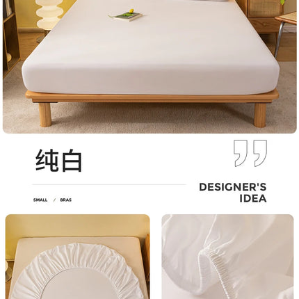 Solid color fitted sheet elastic mattress cover by OKEYWOW on a bed, suited for single, double, or queen size beds.
