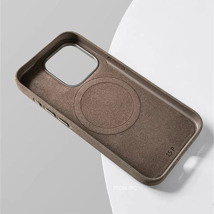 OKEYWOW iPhone 15/16/17 Pro Max flannel magnetic MagSafe case with matte finish and microfiber back for wireless charging.