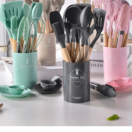 12-piece silicone kitchen utensil set with non-stick spatulas and wooden handles, ideal for cooking and baking from OKEYWOW.