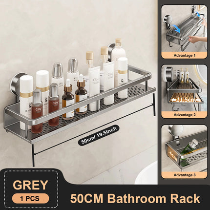 GripMount Bathroom Shelf Aluminum Suction Wall Rack No Drill Toilet Organizer