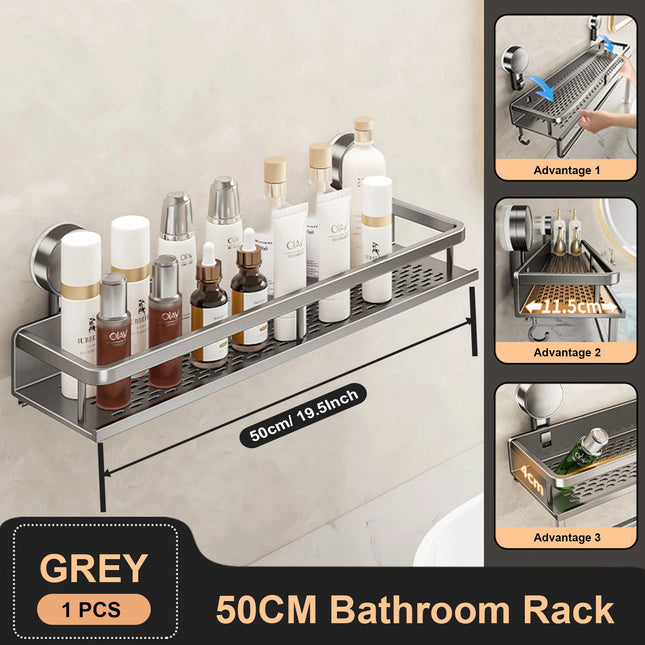 GripMount Bathroom Shelf Aluminum Suction Wall Rack No Drill Toilet Organizer