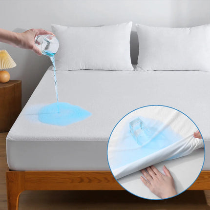 OKEYWOW waterproof terry fitted sheet mattress protector with deep pockets, elastic edges, breathable and soft for comfortable sleep.