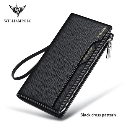 OKEYWOW WilliamPOLO men's genuine leather wallet with zipper, card holder, and phone pocket, sleek business purse.