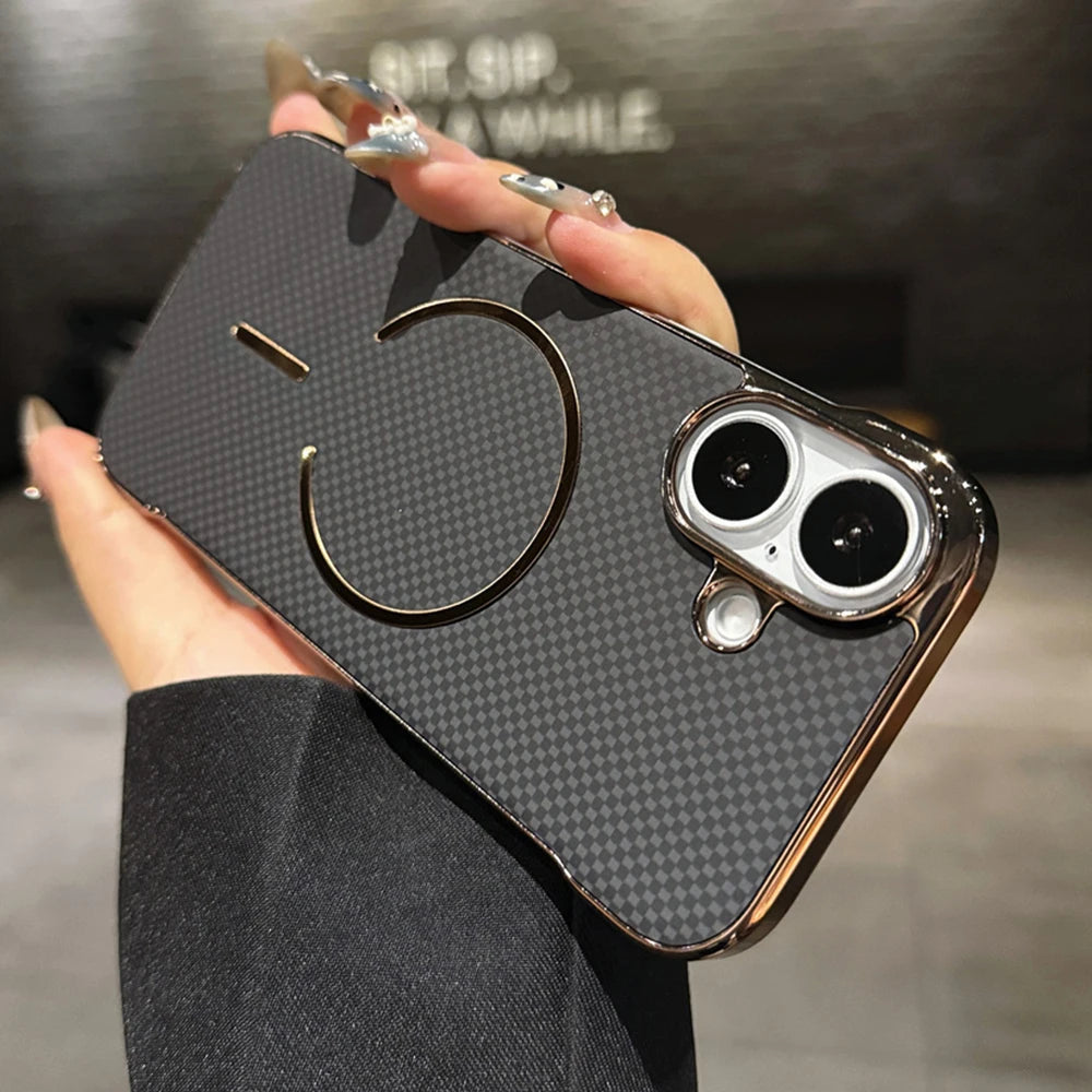 Luxury Kevlar Pattern For Magsafe Slim Frameless Phone Case For iPhone 16 17 Air 15 14 13 Pro Max Wireless Charging Plated Cover