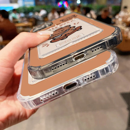 Transparent soft iPhone bear case with card holder for iPhone 12-16, featuring a cute bear design and flexible cover by OKEYWOW.