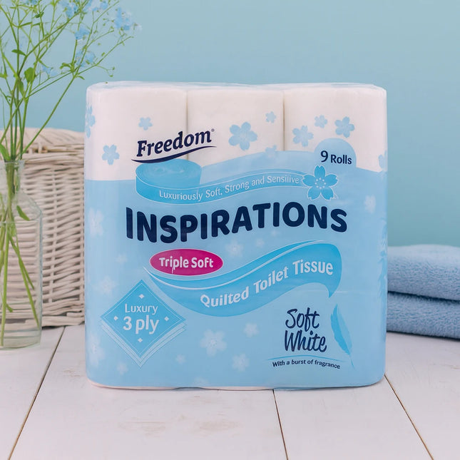 Okeywow Freedom Quilted Toilet Tissue 9-pack, 3-ply soft bathroom rolls with luxurious feel, stacked neatly in packaging.