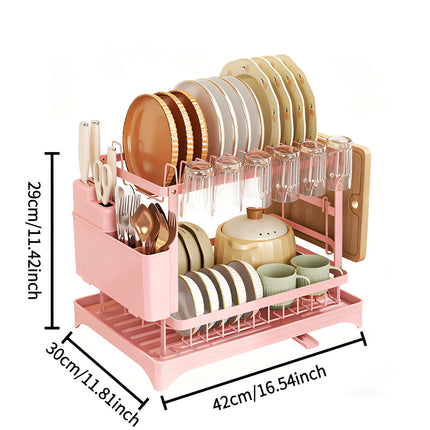 OKEYWOW 2-Tier Dish Drying Rack with Drain Tray and Cutlery Holder, kitchen counter organizer for drying dishes and utensils