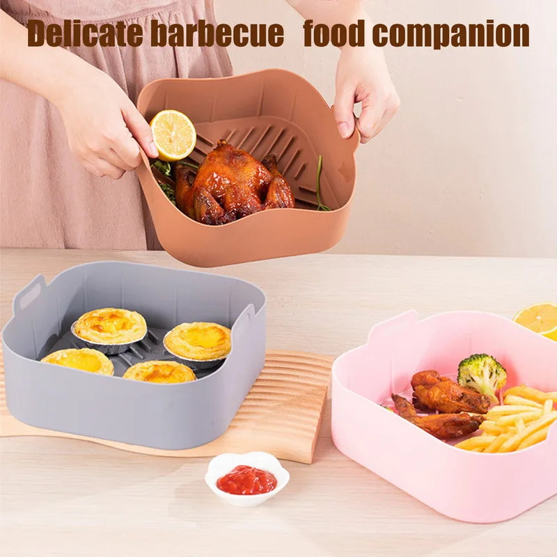 21cm Silicone Air Fryer Oven Baking Tray: Non-Stick Square Basket Mat for Pizza, Fried Chicken - Reusable Airfryer Pan