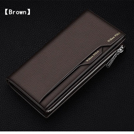 OKEYWOW WilliamPOLO men's genuine leather wallet with zipper, card holder, business phone bag, and purse in black leather.