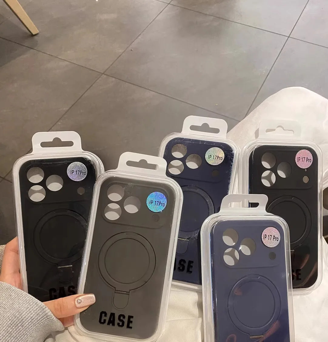 Luxury Magnetic Liquid Silicone Phone Case for iPhone 12–17 Series (Pro/Pro Max/Plus/Air) – MagSafe Holder Stand Soft Cover