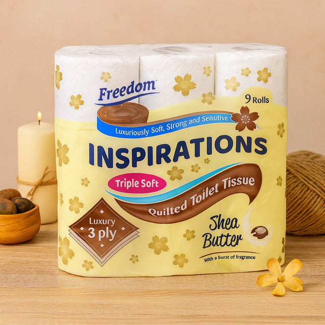 Freedom Quilted Toilet Tissue 9 pack by OKEYWOW, soft 3-ply Shea Butter bathroom rolls with luxurious comfort.