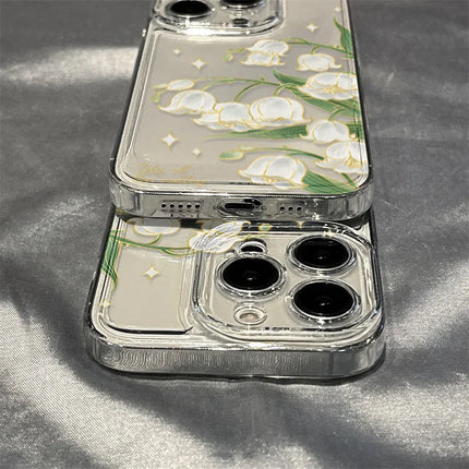 Transparent silicone flower iPhone case by OKEYWOW for iPhone 12-16 models, shockproof and stylish with floral design.