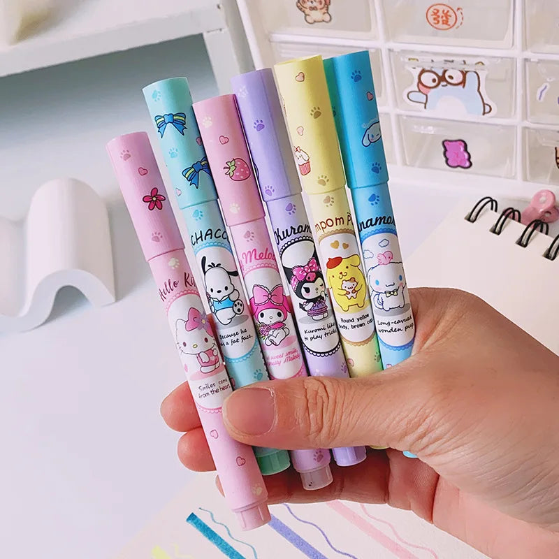 6Pcs Sanrio Hello Kitty Highlighter Pen Set Kawaii Kuromi Melody Cinnamoroll Art Fluorescent Markers Pens School Office Statione