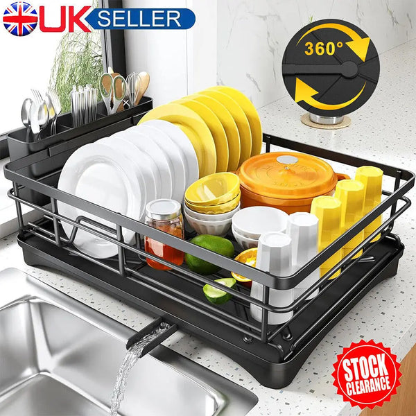 UK Large Kitchen Sink Dish Drainer Rack With Drip Tray And Plate Cutlery Holde