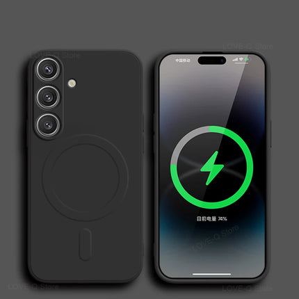 Samsung MagSafe Liquid Silicone Case for S23 Ultra Plus FE, featuring magnetic design and wireless charging compatibility.