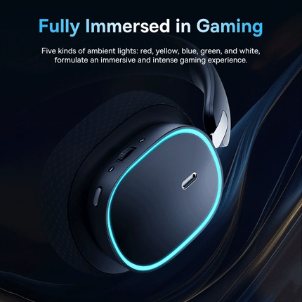 OkeyWOW Baseus GH02 Bluetooth wireless gaming headset with over-ear design, RGB lighting, built-in microphone, and comfortable ear cushions
