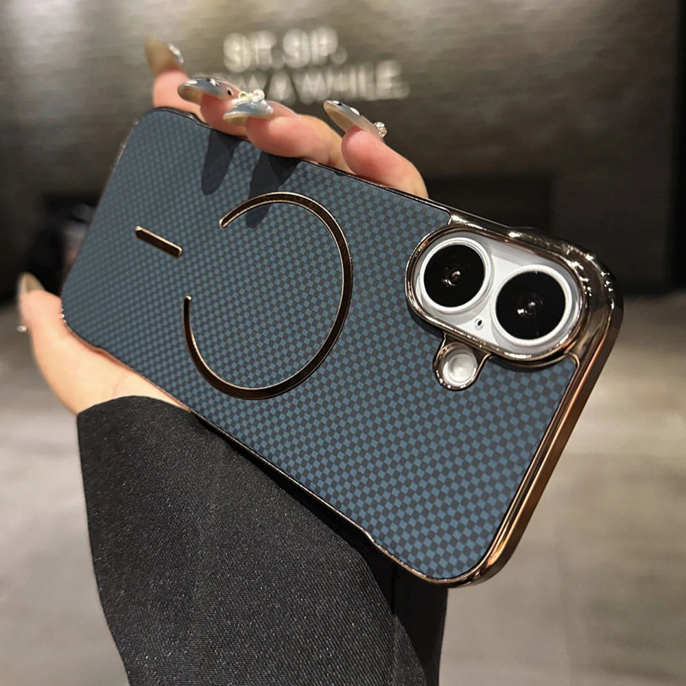 Luxury Kevlar Pattern For Magsafe Slim Frameless Phone Case For iPhone 16 17 Air 15 14 13 Pro Max Wireless Charging Plated Cover