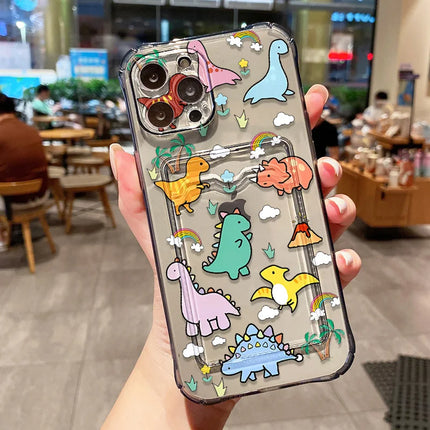 OKEYWOW iPhone Dinosaur Silicone Case with card slot for 12/11 Pro Max, soft cover with colorful dinosaur design.