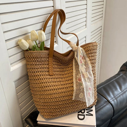 Women Woven Tote Bag Summer Large Capacity Shoulder Handbag Grass Straw Handmade Bag