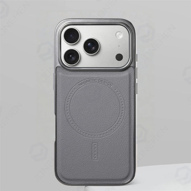 Business PU Leather MagSafe Case for iPhone 17/16/15/14/13 Pro Max Plated Frame Retro Shockproof Cover