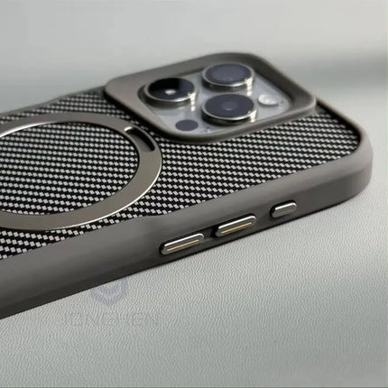 Soft Rubber MagSafe Case for iPhone 16/15/14/13/12 Pro Max Carbon Fiber Metal Bracket Cover