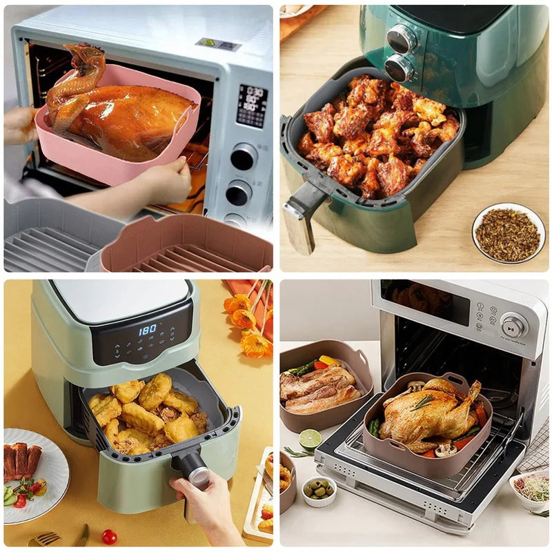 21cm Silicone Air Fryer Oven Baking Tray: Non-Stick Square Basket Mat for Pizza, Fried Chicken - Reusable Airfryer Pan