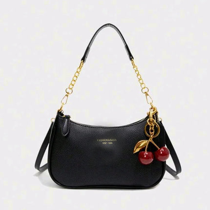 Luxury OKEYWOW cherry pendant shoulder bag with soft lychee texture, casual underarm dumpling design for women.
