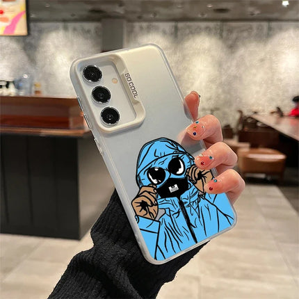 Samsung A series phone case by OKEYWOW featuring a masked character design, laser-cut details, and shockproof TPU material.
