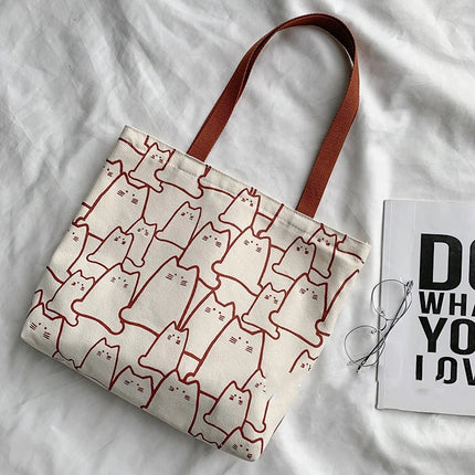 KawaiiCat Canvas Tote Bag Women Shopper Zipper Cartoon Shoulder Handbag
