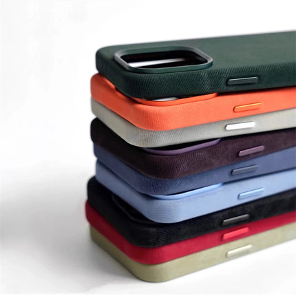 OKEYWOW iPhone Pro Max fiber leather MagSafe shockproof case with wireless charging compatibility, shown in black.