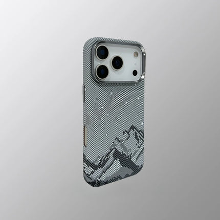 OKEYWOW iPhone 15 Pro Max magnetic snow mountain case with matte finish, hard PC, MagSafe, and camera lens protection.