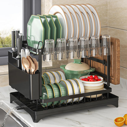 OKEYWOW 2-tier dish drying rack with drain tray and cutlery holder, kitchen counter organizer for drying and storing dishes.