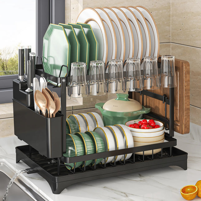 OKEYWOW 2-tier dish drying rack with drain tray and cutlery holder, kitchen counter organizer for drying and storing dishes.