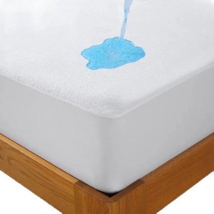 Waterproof Terry Fitted Sheet by OKEYWOW, deep pocket breathable mattress protector with elastic edges on a bed.