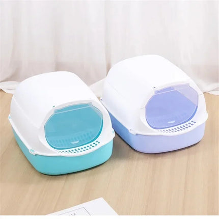 OKEYWOW semi-enclosed kitty cat litter box with splashproof design, pet toilet tray, and bedpan for easy cleaning and odor control.