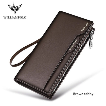 OKEYWOW WilliamPOLO men's genuine leather wallet with zipper, card holder, business phone bag, and purse in black leather.