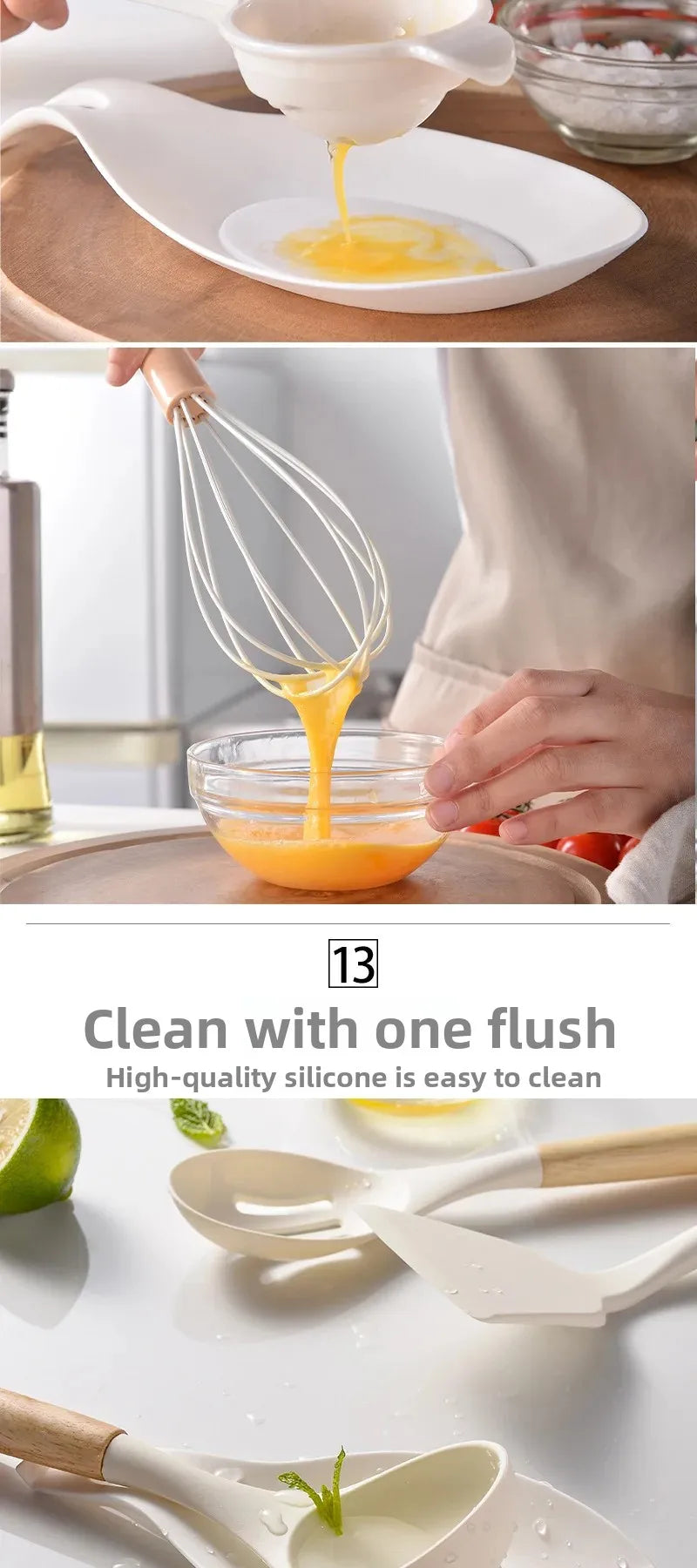 12Pcs Silicone Utensils Set Non-Stick Cookware Spatula Shovel Egg Beaters Wooden Handle Kitchenware Home Kitchen Cooking Tools