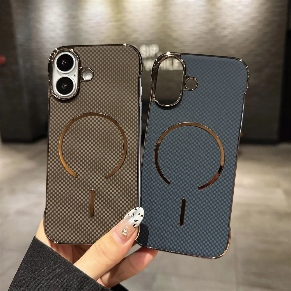 Luxury Kevlar Pattern For Magsafe Slim Frameless Phone Case For iPhone 16 17 Air 15 14 13 Pro Max Wireless Charging Plated Cover