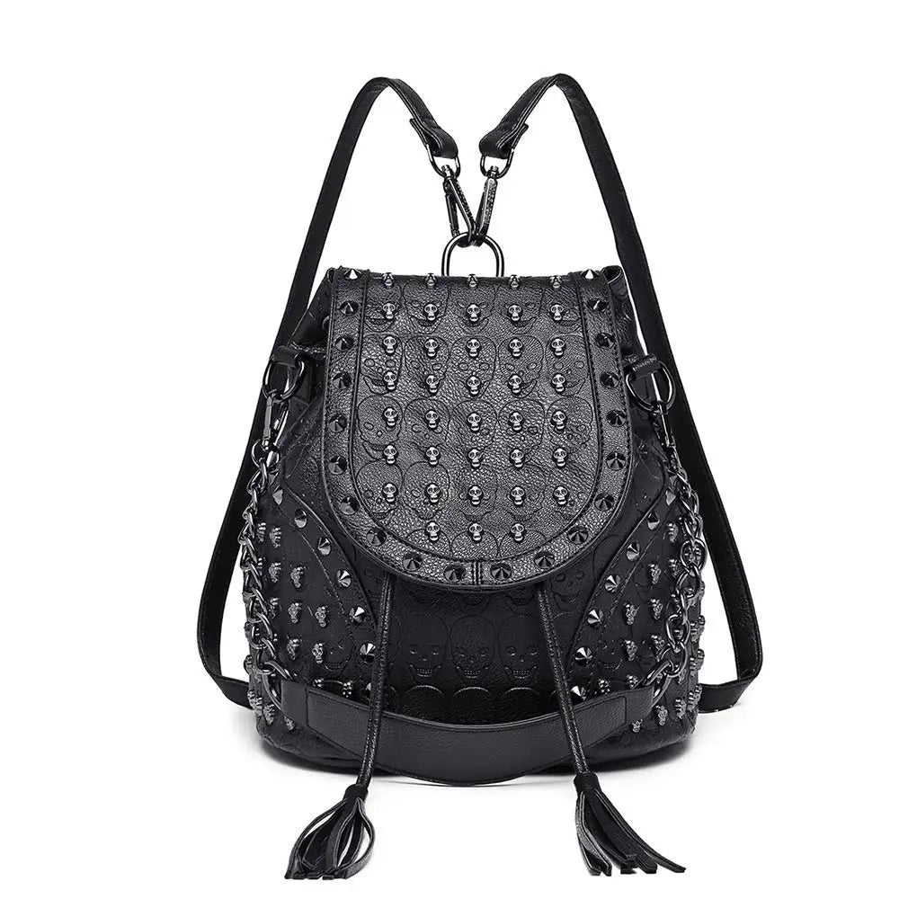 Miss Lulu Gothic Skull Backpack - Faux Leather Studded Shoulder Bag with Chains & Tassels for Women