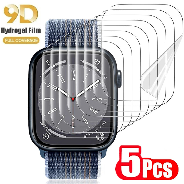 Apple Watch 5-pack hydrogel screen protectors for Series 10–5 SE in various sizes, compatible with 38mm to 49mm models, by OKEYWOW.