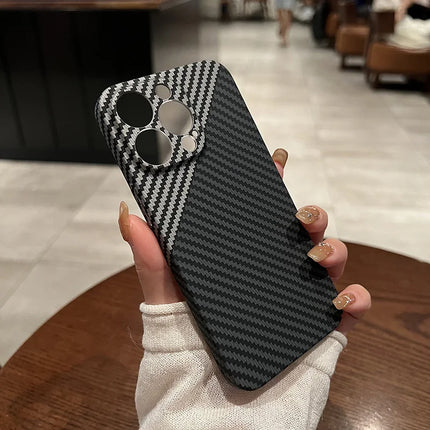 OKEYWOW iPhone carbon fiber case with slim hard back and camera protection for models 11 to 17, featuring a sleek, durable design.
