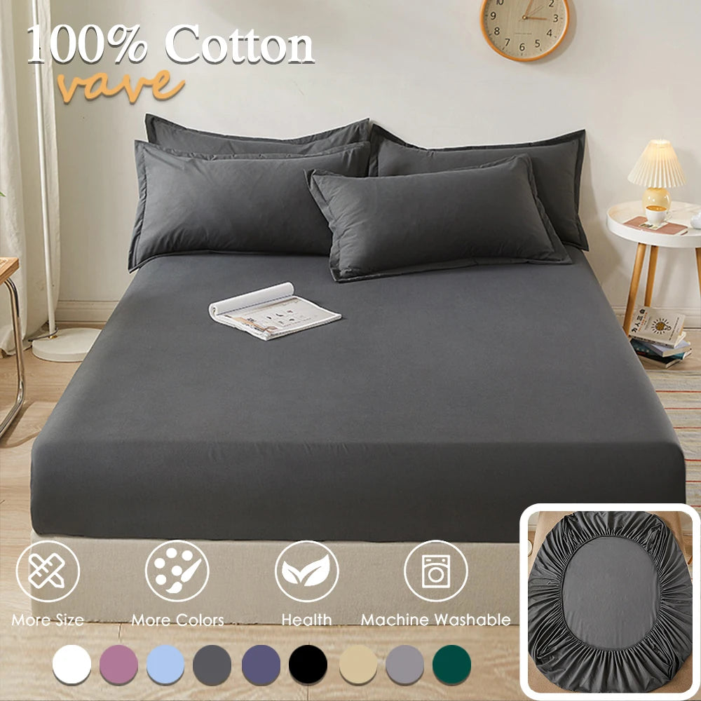 100% Cotton Fitted Bed Sheet with Elastic Band Solid Color Anti-slip Adjustable Mattress Cover for Single Double King Queen Bed