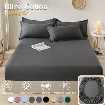 OkeyWOW 100% cotton fitted sheet in solid color with elastic edges for non-slip fit on single, double, king, or queen beds