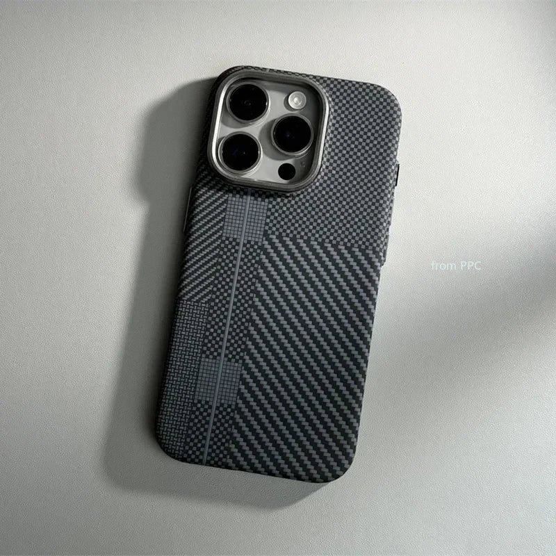 iPhone 16 15 14 Pro Max Case Carbon Fiber Abstract Geometric MagSafe Cover Magnetic Charging Shell Camera Alloy Armor Fundas