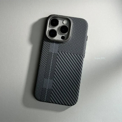 OKEYWOW iPhone 16/15/14 Pro Max carbon fiber geometric MagSafe case with magnetic charging and camera protection