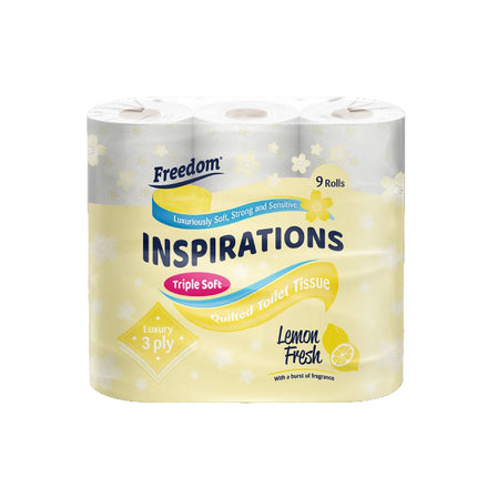 OKAYWOW Freedom Quilted 9-pack 3-ply lemon-scented luxury toilet paper rolls, soft and plush bathroom tissue.