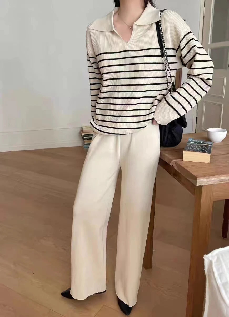 2024 Spring New Women Sweater Set Casual Pullovers Suits Striped Color Contrast Knitted Long Sleeve Elegance Tops Wide Leg Pants