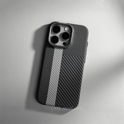 OKEYWOW iPhone 17/16/15 Pro Max Relief Carbon Fiber MagSafe case with metal lens protection and hard PC cover, showing textured black design